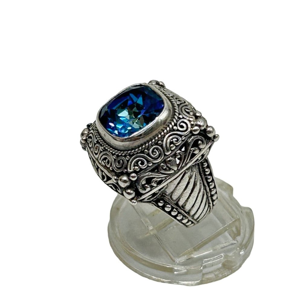 Mystic Blue Quartz Ring Size 5 Sterling Silver Ornate Raised Stone Silver 925